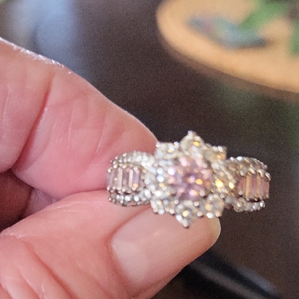 Simulated Pink An White Flower Diamond Ring Size 7.5
